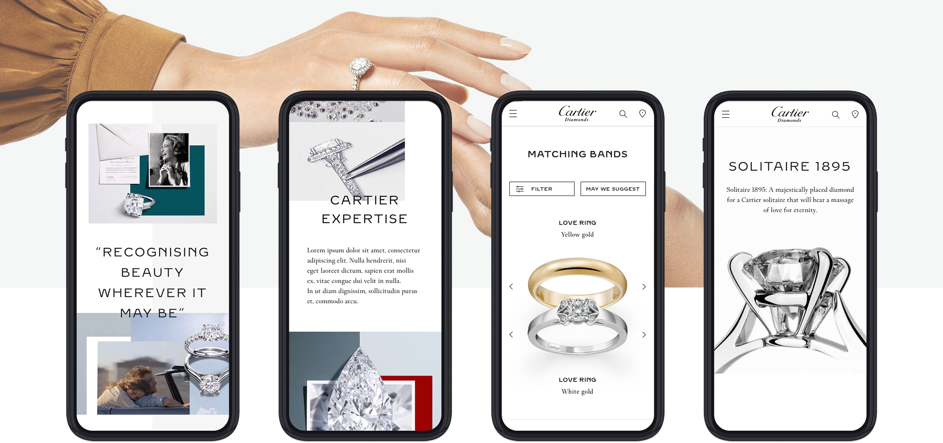 Set For You on mobile: four phones showing brand narrative, Cartier expertise, matching bands, and Solitaire 1895 detail over a soft-focus ring and sleeve backdrop.