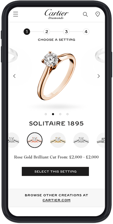 Set For You on mobile: step 1—choose a setting, Solitaire 1895 in rose gold with carousel and select-this-setting CTA.
