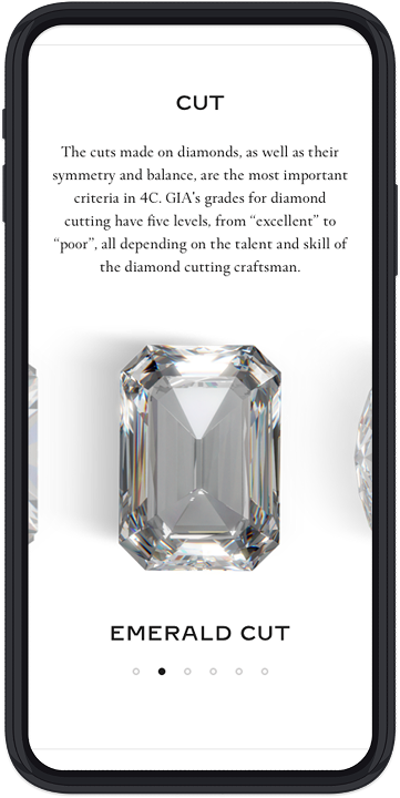Diamond education screen explaining cut, with emerald-cut illustration and carousel indicators.