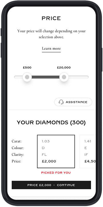 Diamond selection: price range slider and carousel of matched stones with carat, colour, clarity, and continue CTA.