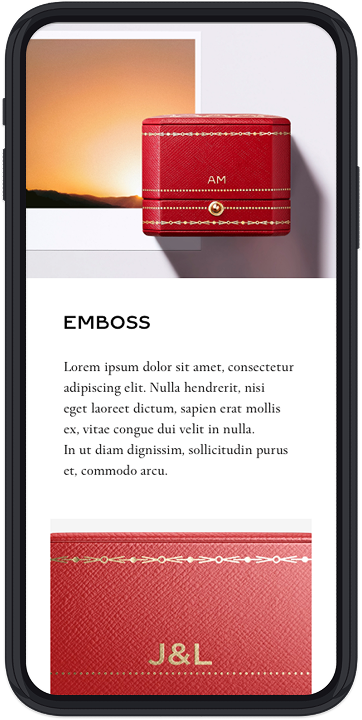 Emboss personalization: red Cartier box with gold initials, editorial copy, and detail of embossed monogram.