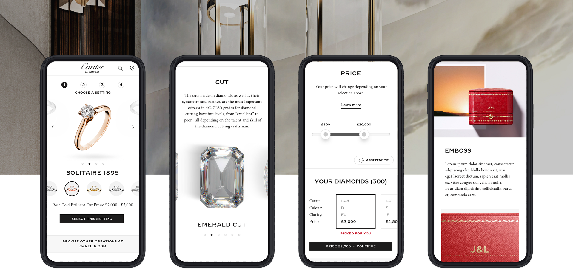 Four mobile screens from Set For You: choose a setting (Solitaire 1895), diamond cut education, price filter and diamond selection, and emboss personalization—over a blurred luxury interior backdrop.