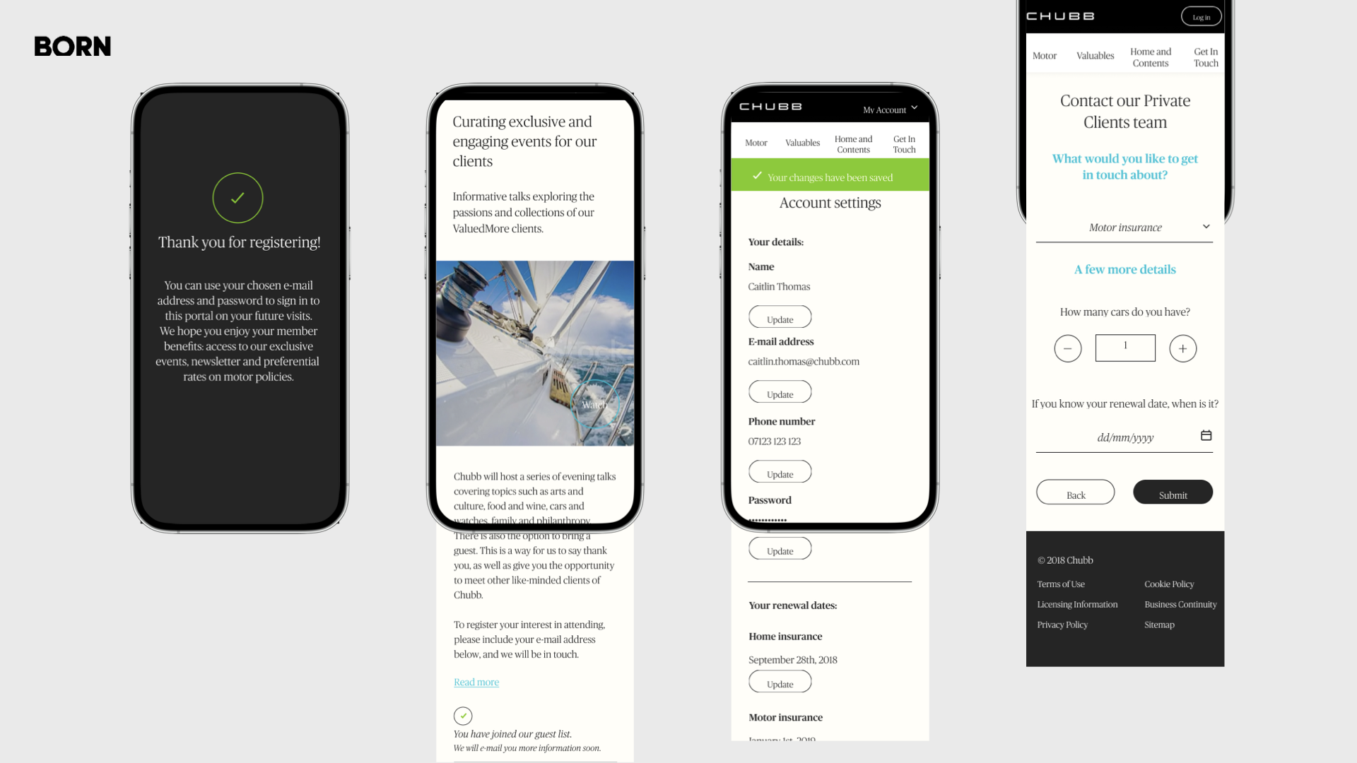 Four mobile Chubb screens: registration confirmation, client events editorial, account settings with saved changes, and private clients contact form—Expect More programme concepts.