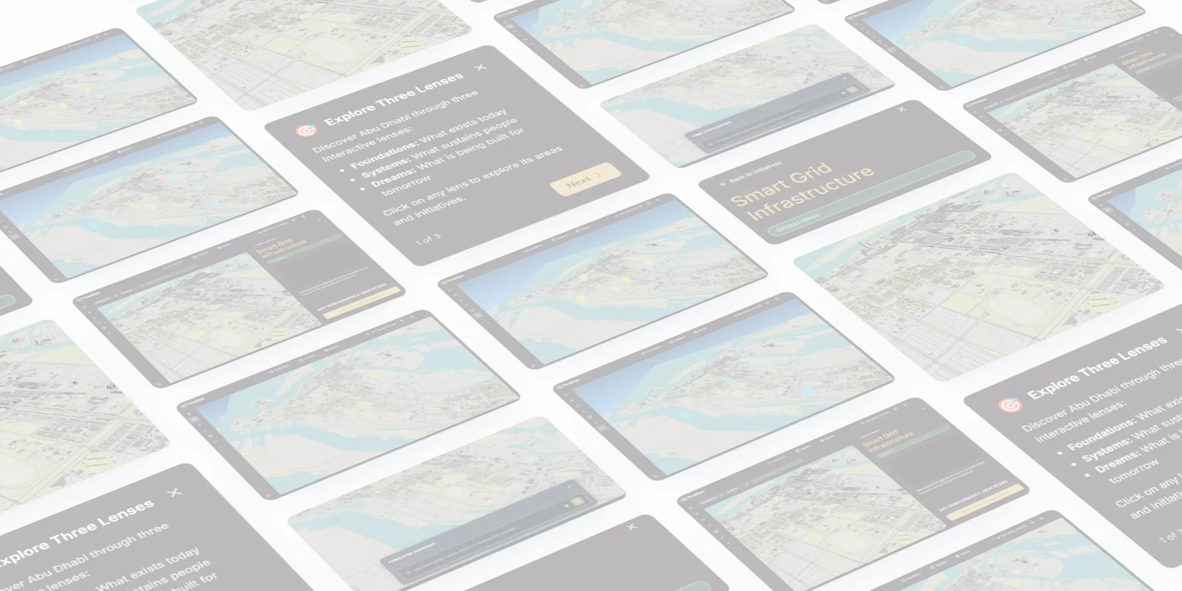 Screens from the Three Eyes prototype laid out in perspective: the 3D city, the guided tour of the three lenses, an initiative's details, the electricity and transport layers and the assistant.