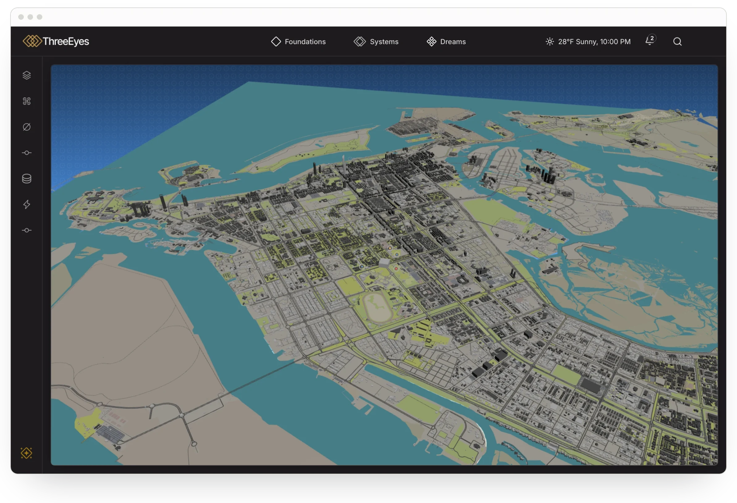 The Three Eyes prototype in a browser: a 3D model of Abu Dhabi island and its surroundings, with the Foundations, Systems and Dreams lenses in the top bar and view controls down the left.