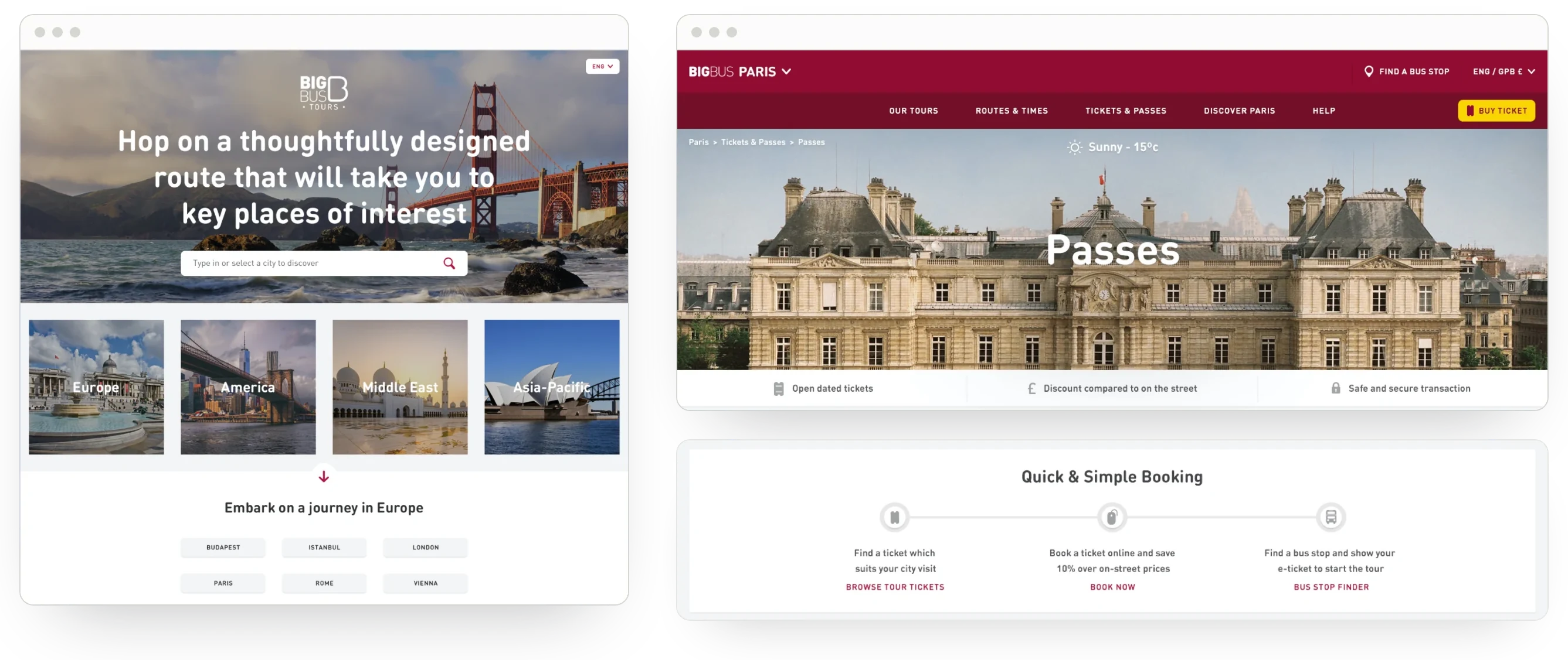 The global Big Bus homepage, with a city search and Europe, America, Middle East and Asia-Pacific tiles leading to cities such as Budapest, Istanbul, London, Paris, Rome and Vienna; beside it, the top of the Paris passes page and its Quick & Simple Booking strip: find a ticket, book online and save 10% on street prices, then find a bus stop and show your e-ticket.
