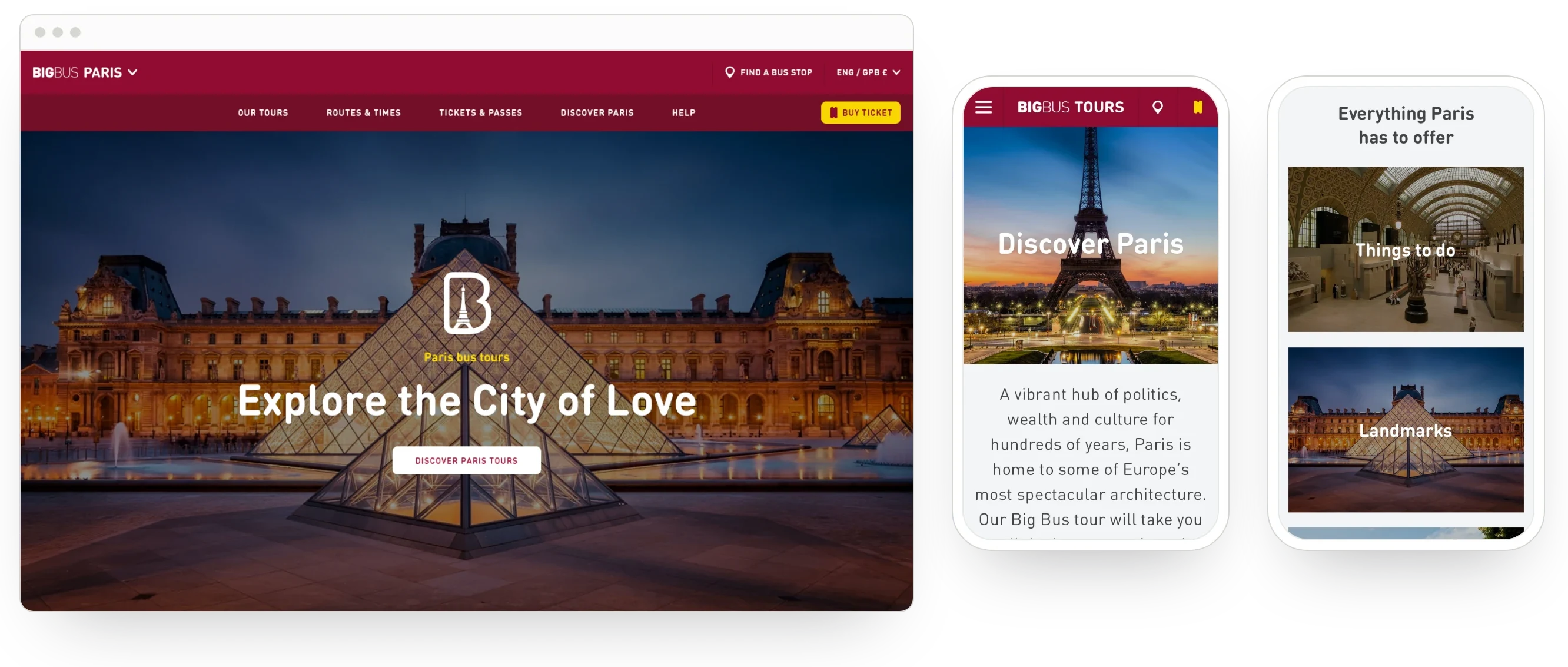 The Big Bus Paris homepage on desktop, under a navigation of Our tours, Routes & times, Tickets & passes, Discover Paris and Help, with the Louvre at night and the line Explore the City of Love; beside it, two mobile screens: Discover Paris with the Eiffel Tower, and Everything Paris has to offer, with Things to do and Landmarks.