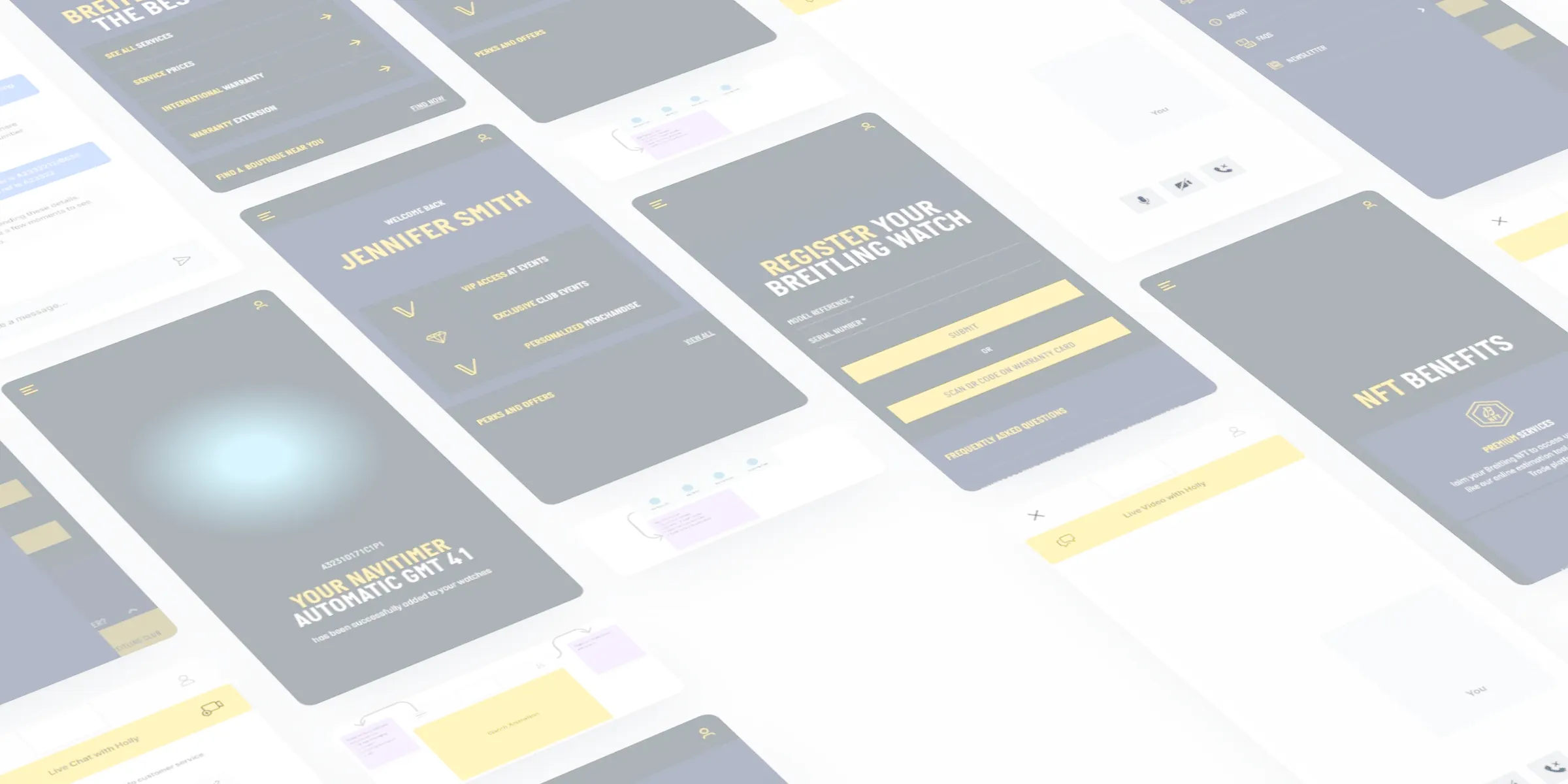 Screens from the Breitling app concept laid out in perspective: watch registration, the Breitling Club, services, NFT benefits, live chat and the menu.
