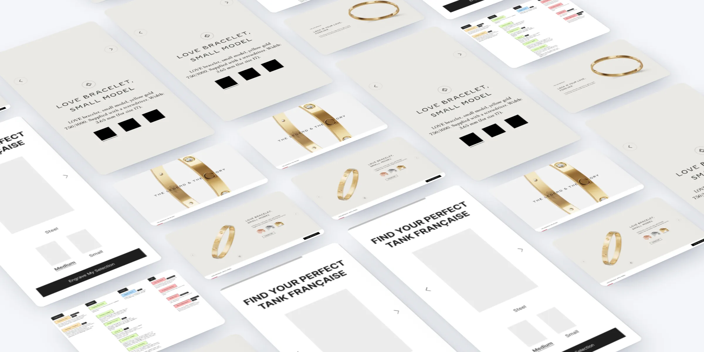 Cartier Universe screens laid out in perspective: Love bracelet pages on desktop and mobile, the guided search wireframe and the planning boards.