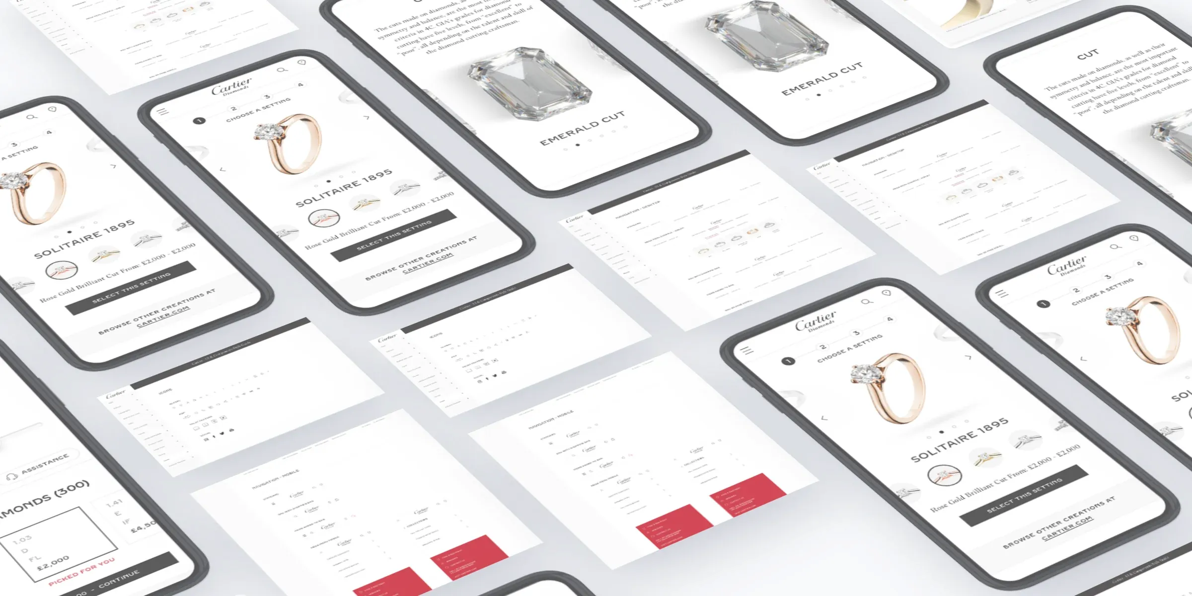 Set For You screens and pages from Cartier's styleguide laid out in perspective: choosing a setting, diamond cut and price, and the desktop and mobile navigation.