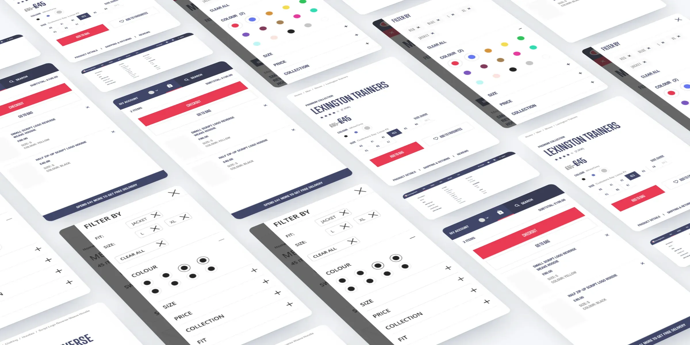 Champion screens laid out in perspective: mobile search and filters, the mega menu, product pages and two versions of the mini basket.