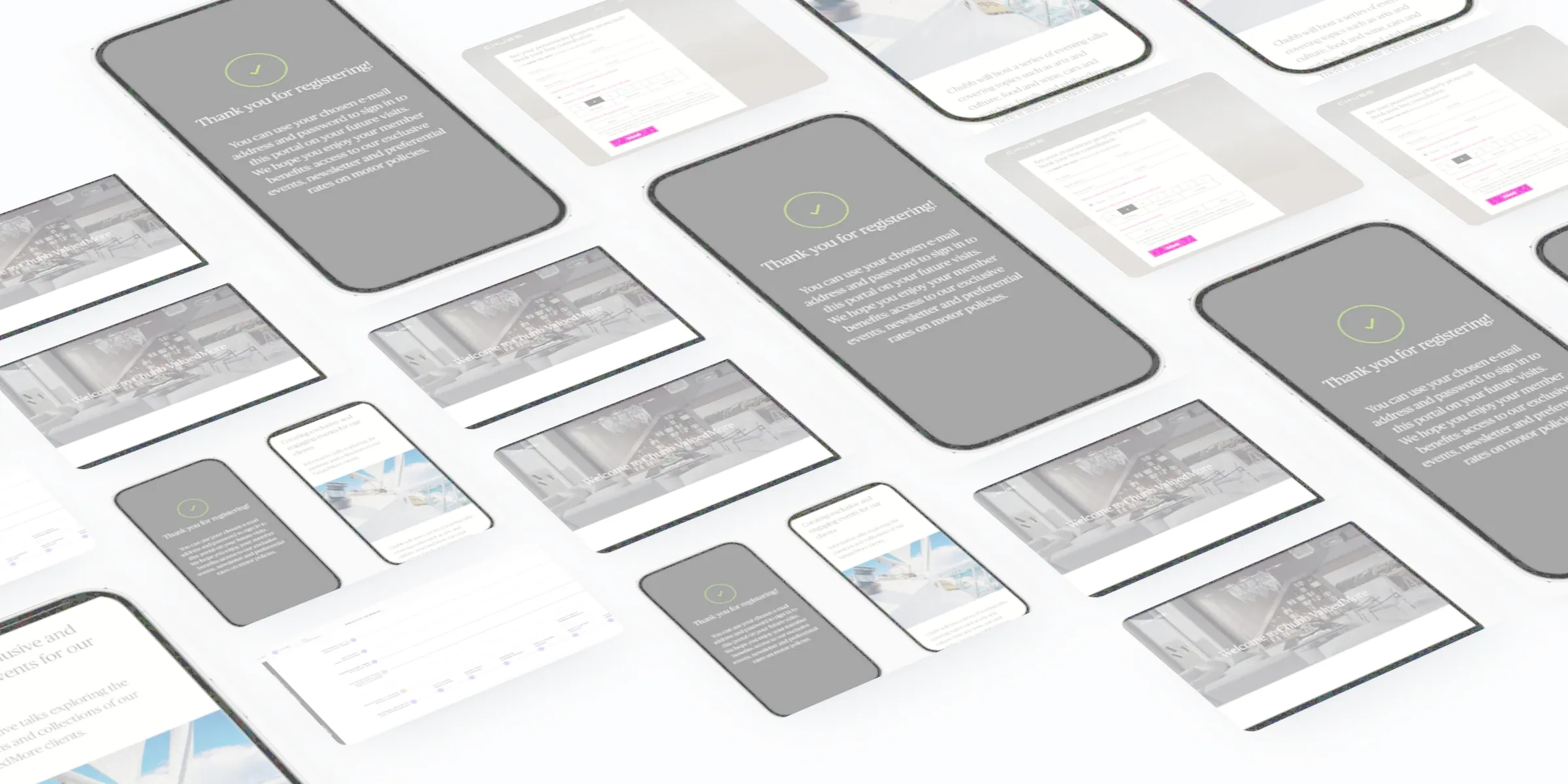 Chubb screens laid out in perspective: the ValuedMore landing page, registration and client events screens, the Prospecting consultation form, a broker portal concept and the service blueprint.