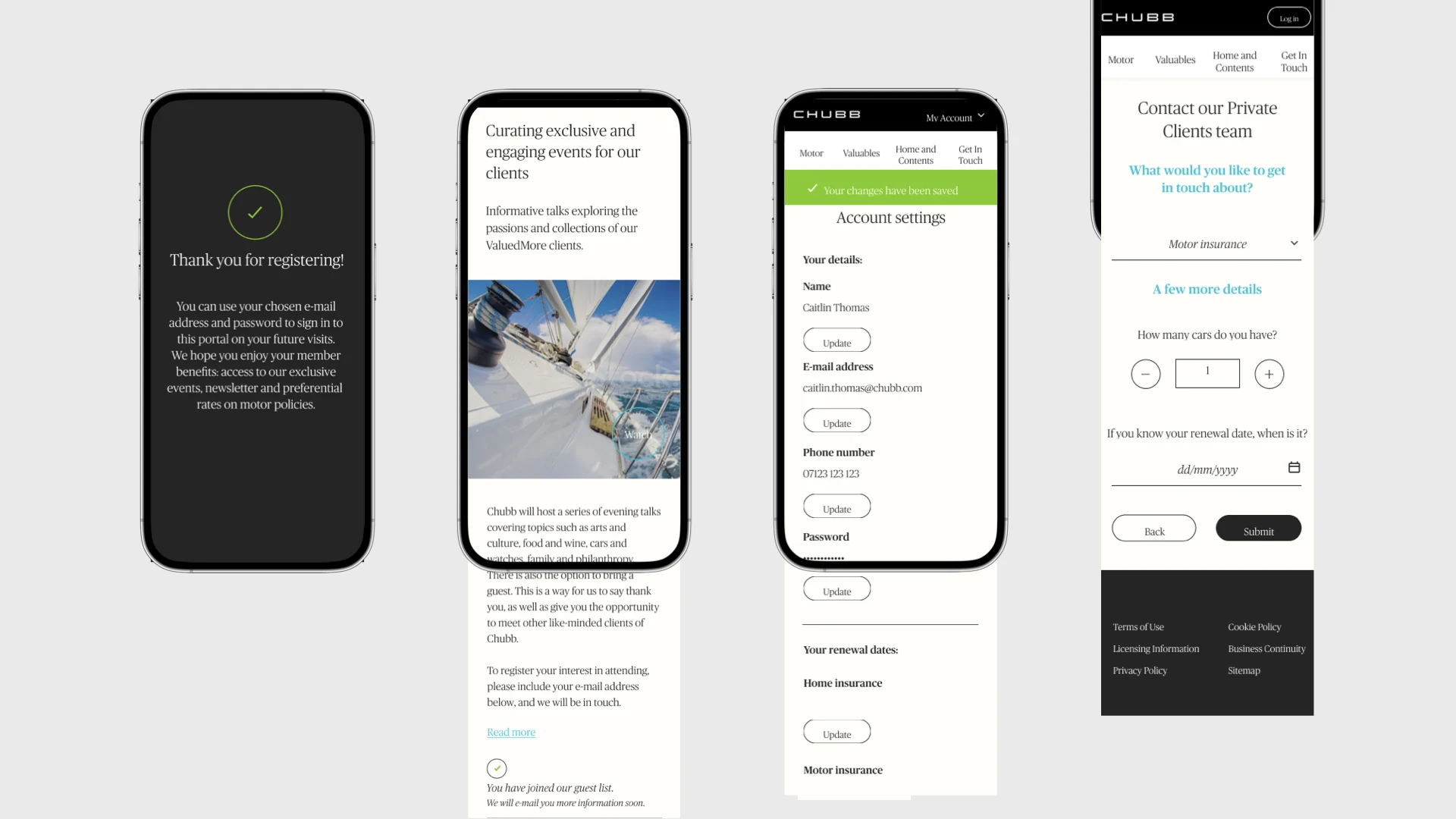 Four mobile Chubb screens: registration confirmation, client events editorial, account settings with saved changes, and private clients contact form: Expect More programme concepts.