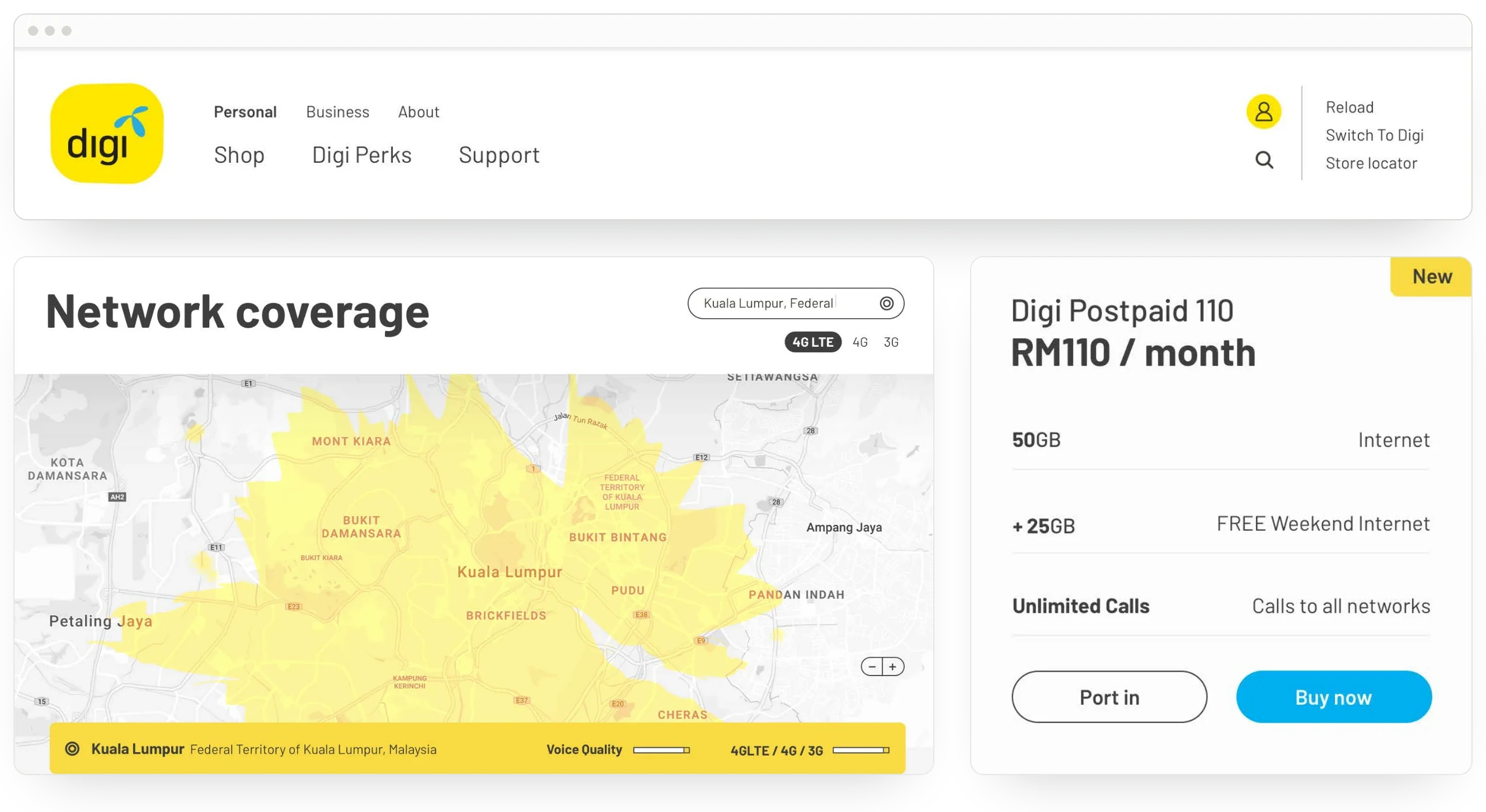 Designs from Born's creative exploration for the new Digi site: the desktop header with Personal, Business and About above Shop, Digi Perks and Support; a network coverage map of Kuala Lumpur with 4G LTE, 4G and 3G filters; and a Digi Postpaid 110 plan card at RM110 a month, with Port in and Buy now buttons.