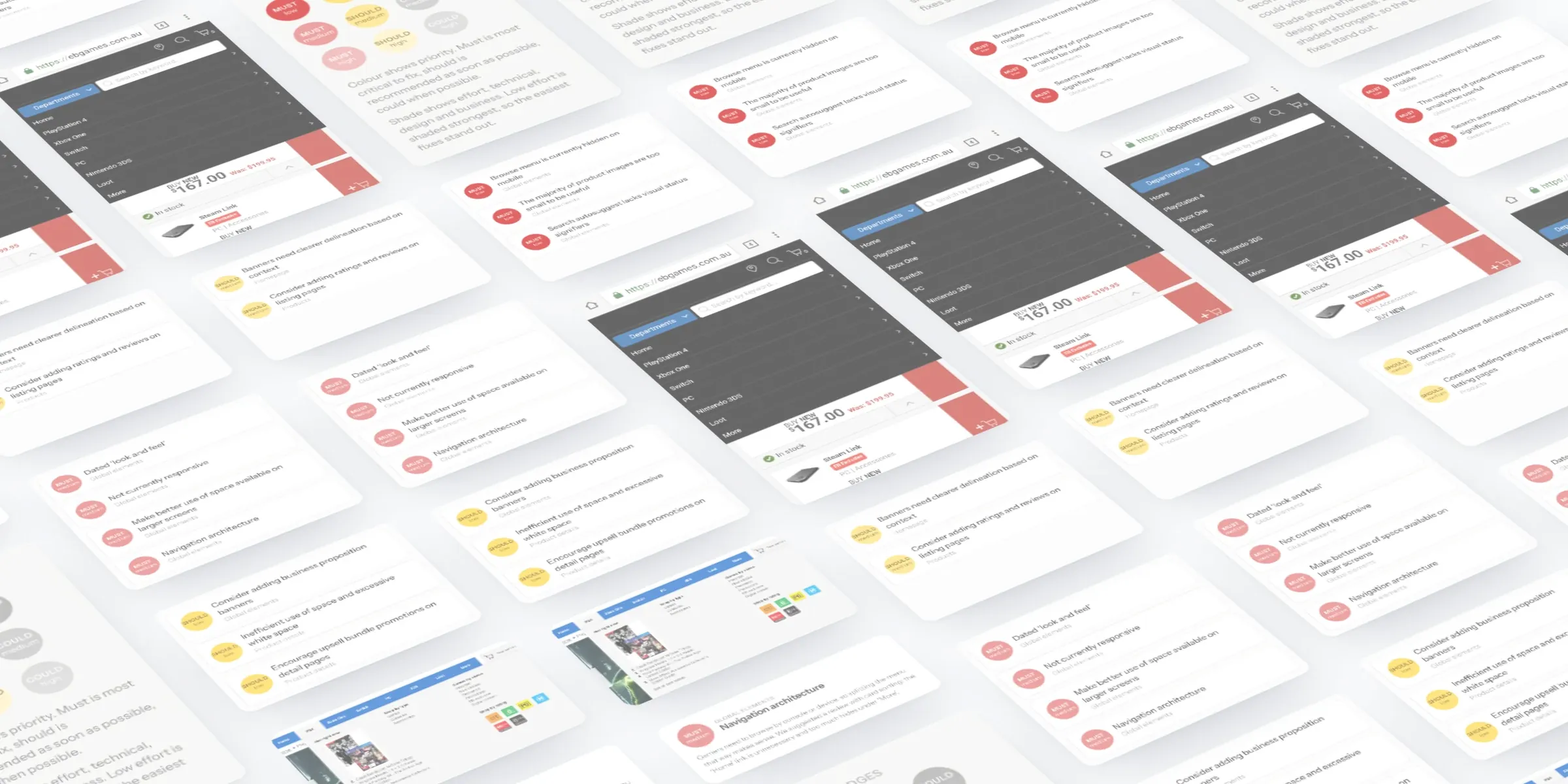 Pieces of the EB Games review laid out in perspective: the mobile site with its department menu open, the desktop menu, the priority badges and gap cards ranked must and should.