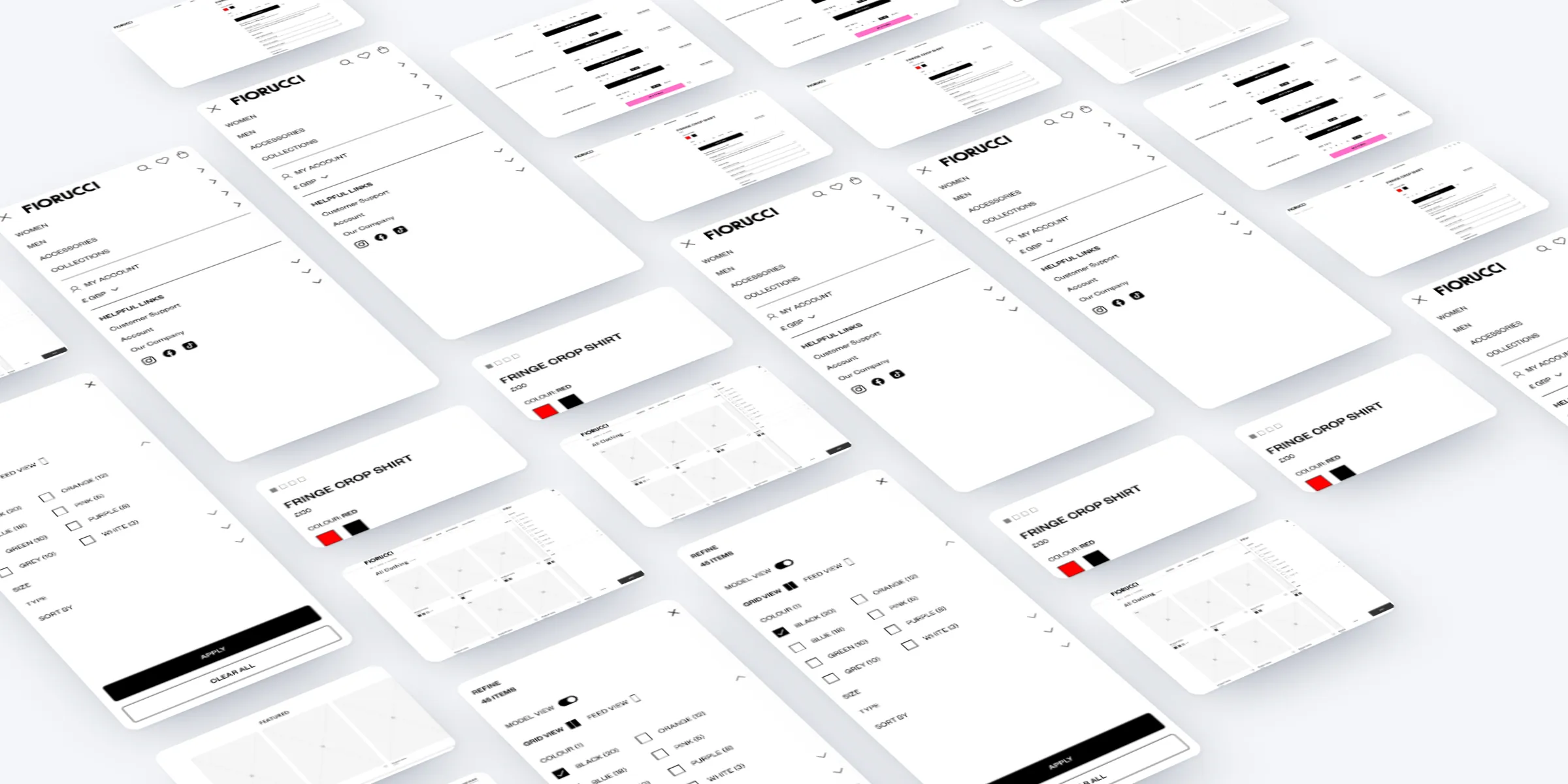 Fiorucci screens laid out in perspective: the mobile menu and filters, product pages, add-to-bag states and listing and homepage wireframes.