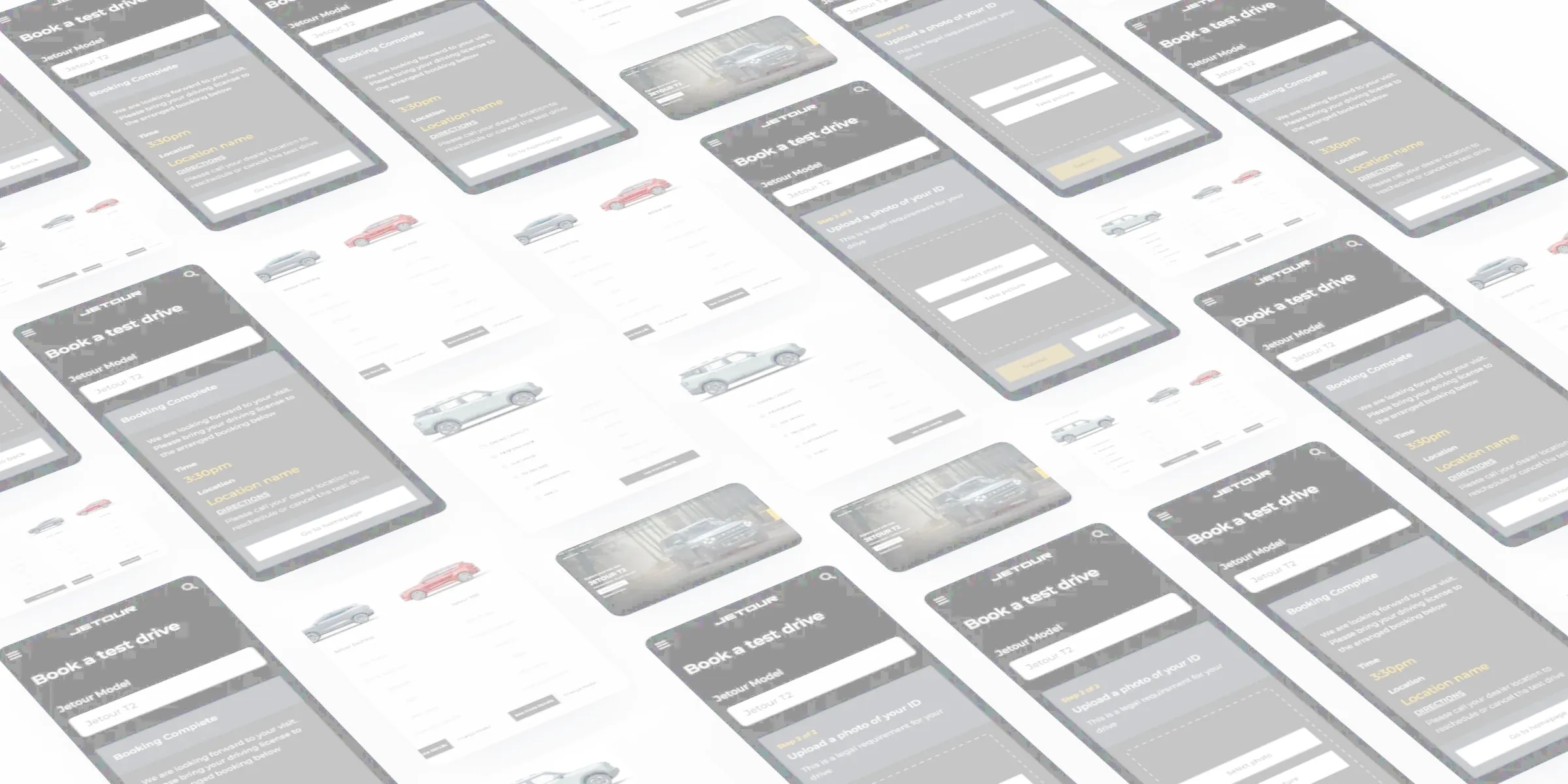 Screens from the Jetour website proposal laid out in perspective: test drive booking on mobile, the Jetour T2 product page and a table comparing three models.