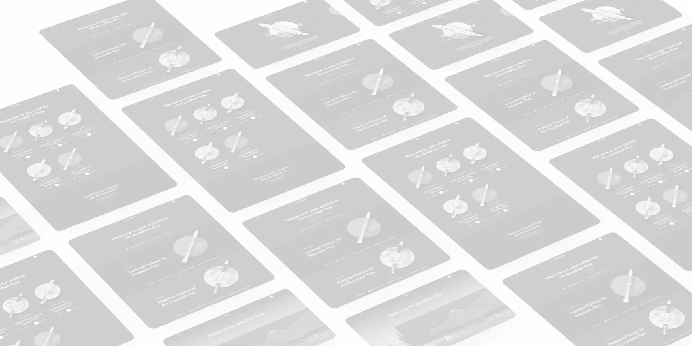 Treasure Room screens laid out in perspective: a collector's own collection and wishlist, the High Artistry concept and the personal welcome page.
