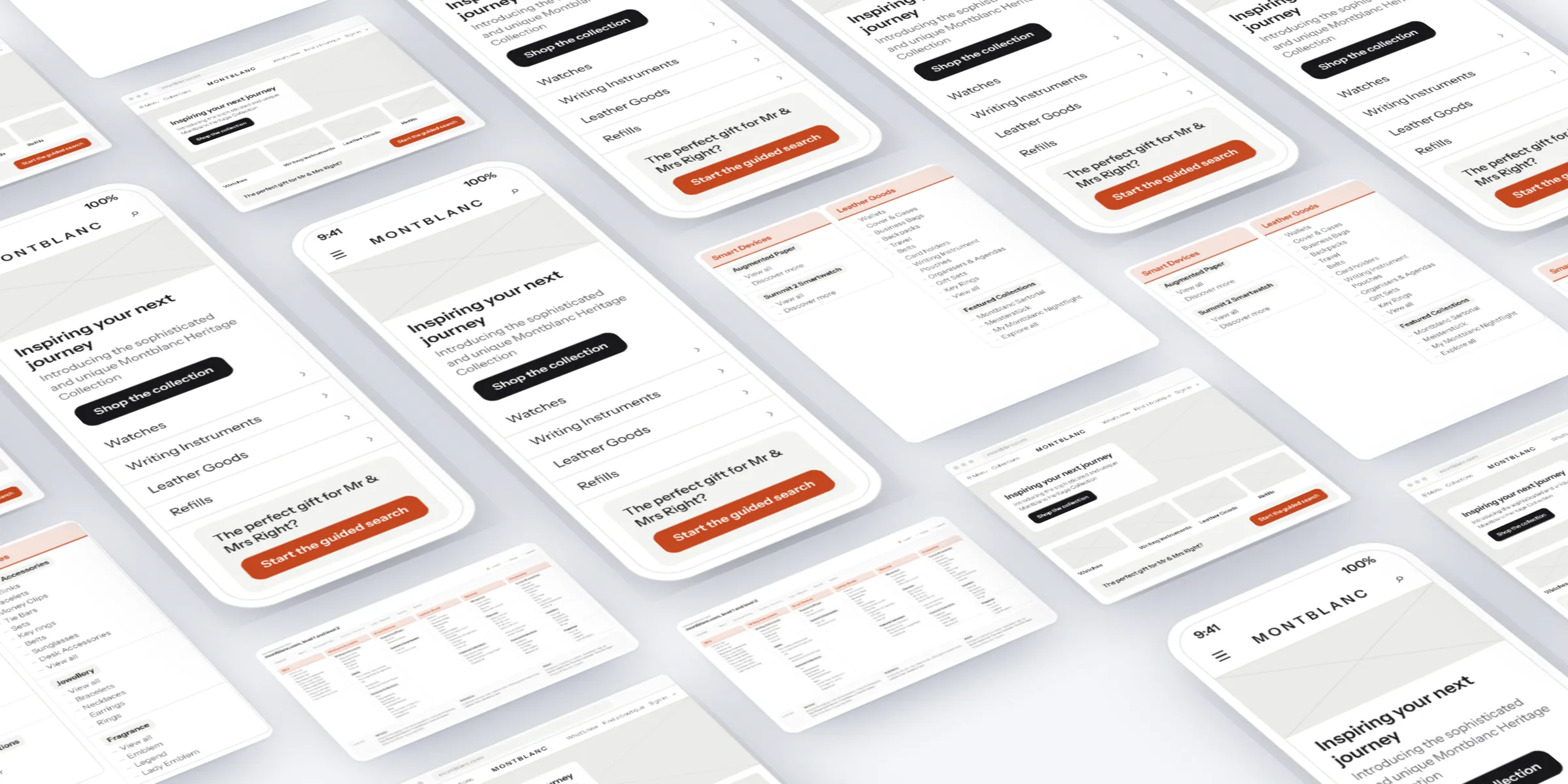 Wireframes from the montblanc.com redesign laid out in perspective: the mobile and desktop homepage concepts and the navigation, section by section.