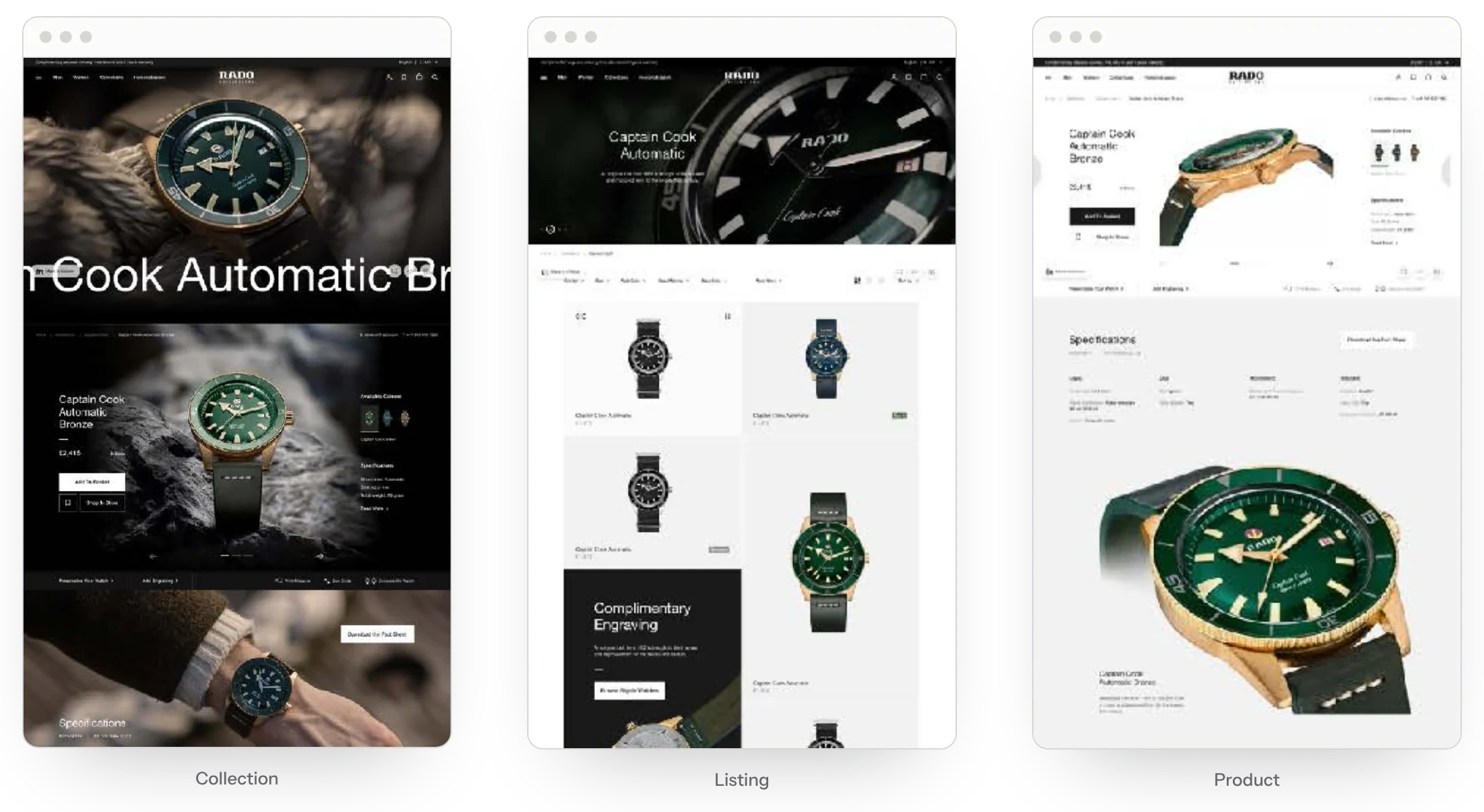 Designs for the new Rado site's collection, listing and product pages, each shown from the top in a browser window and each featuring the Captain Cook watch.
