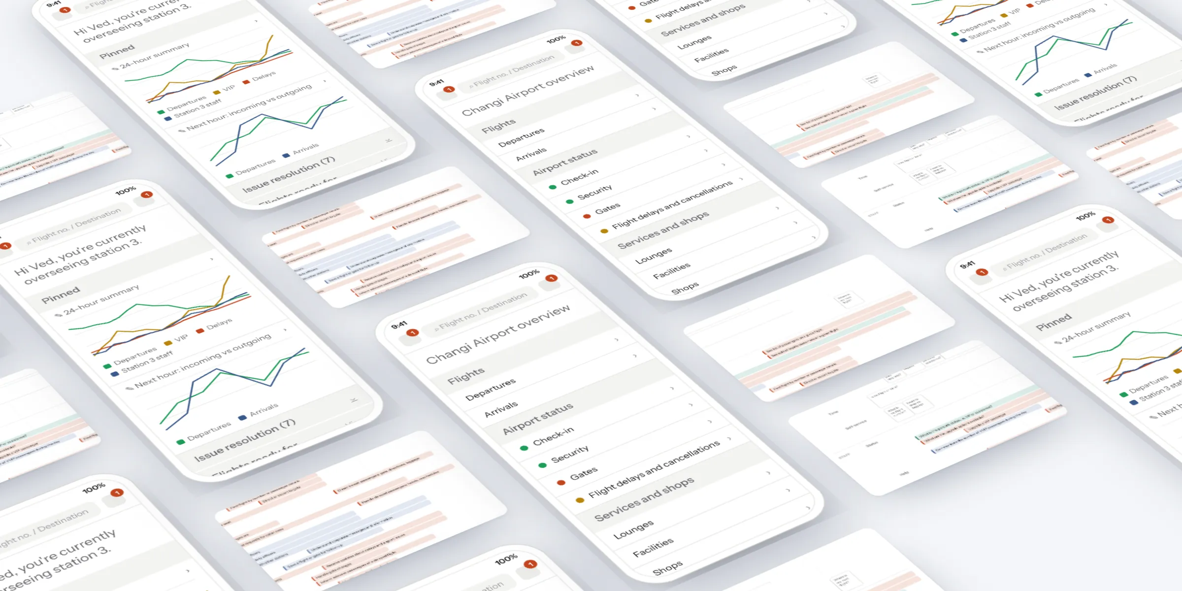 Ground staff app wireframes laid out in perspective: a station manager's gate dashboard, the airport overview and a duty officer's check-in dashboard, between pieces of the task map.