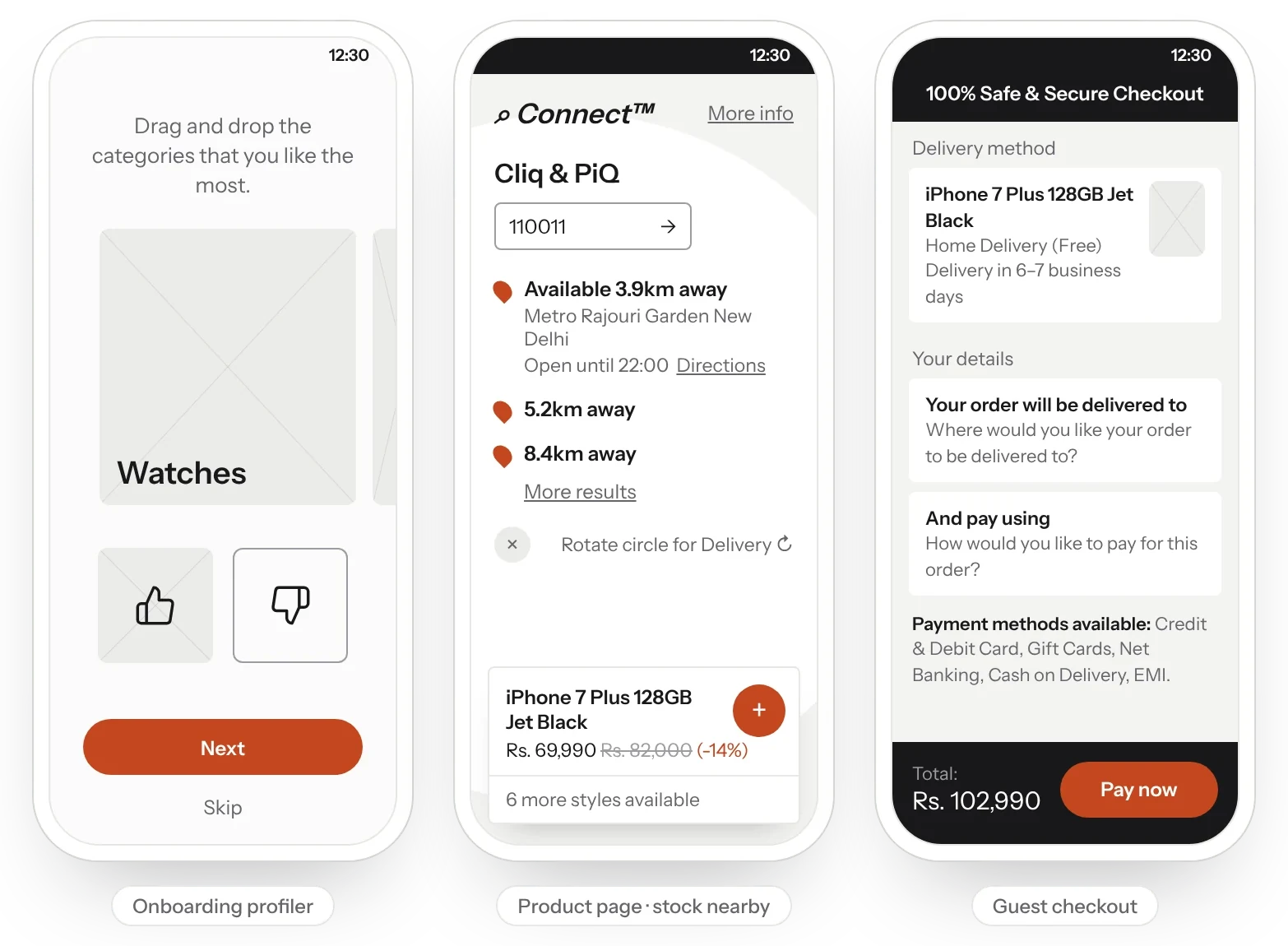 Three app screens: the onboarding profiler where shoppers like or dislike categories, a product page showing stock 3.9km away, and a guest checkout listing the payment methods.