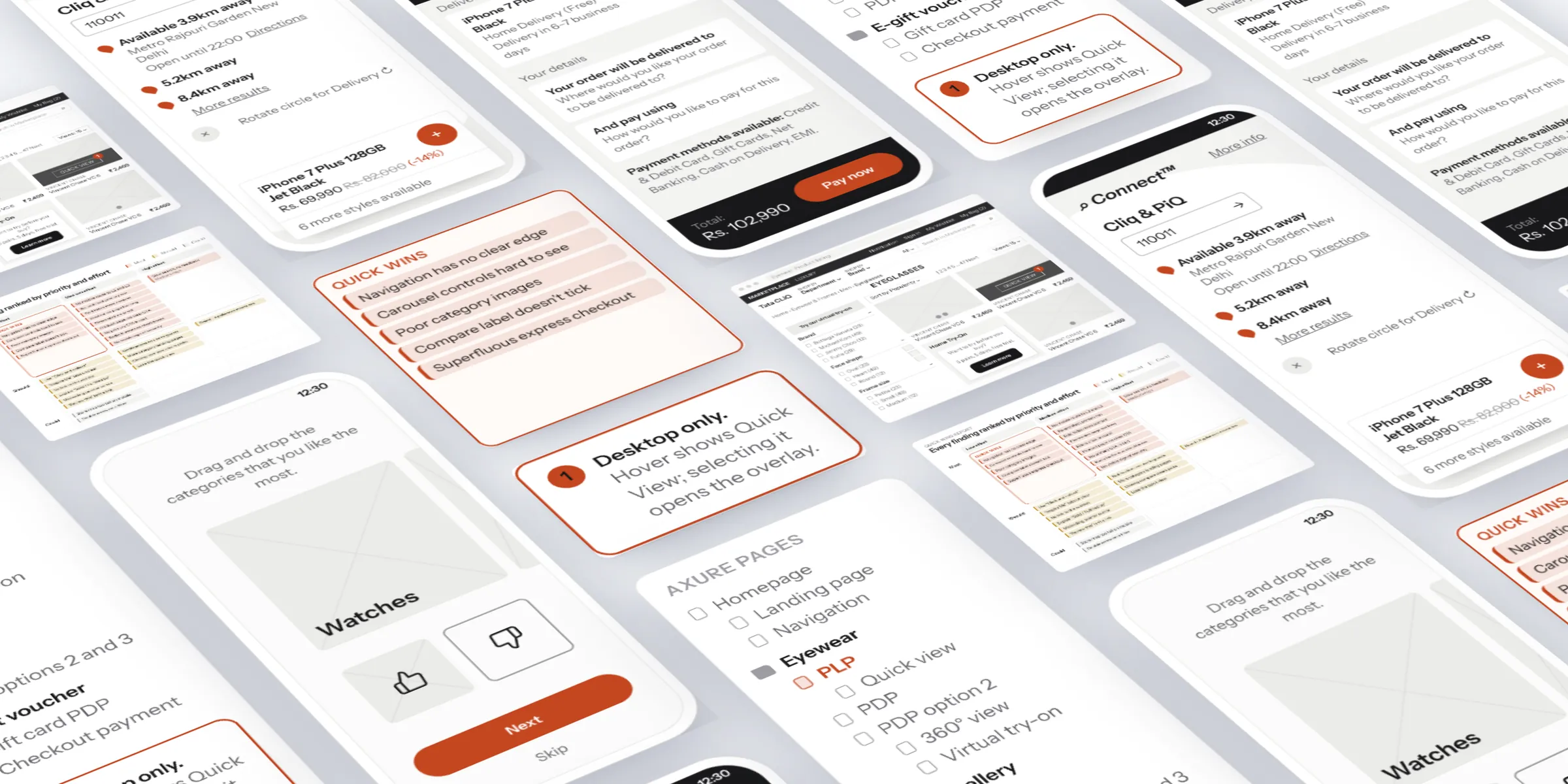 Screens from the work laid out in perspective: the app's onboarding profiler, product page and checkout, the eyewear listing wireframe and its page tree, and the quick-wins grid.