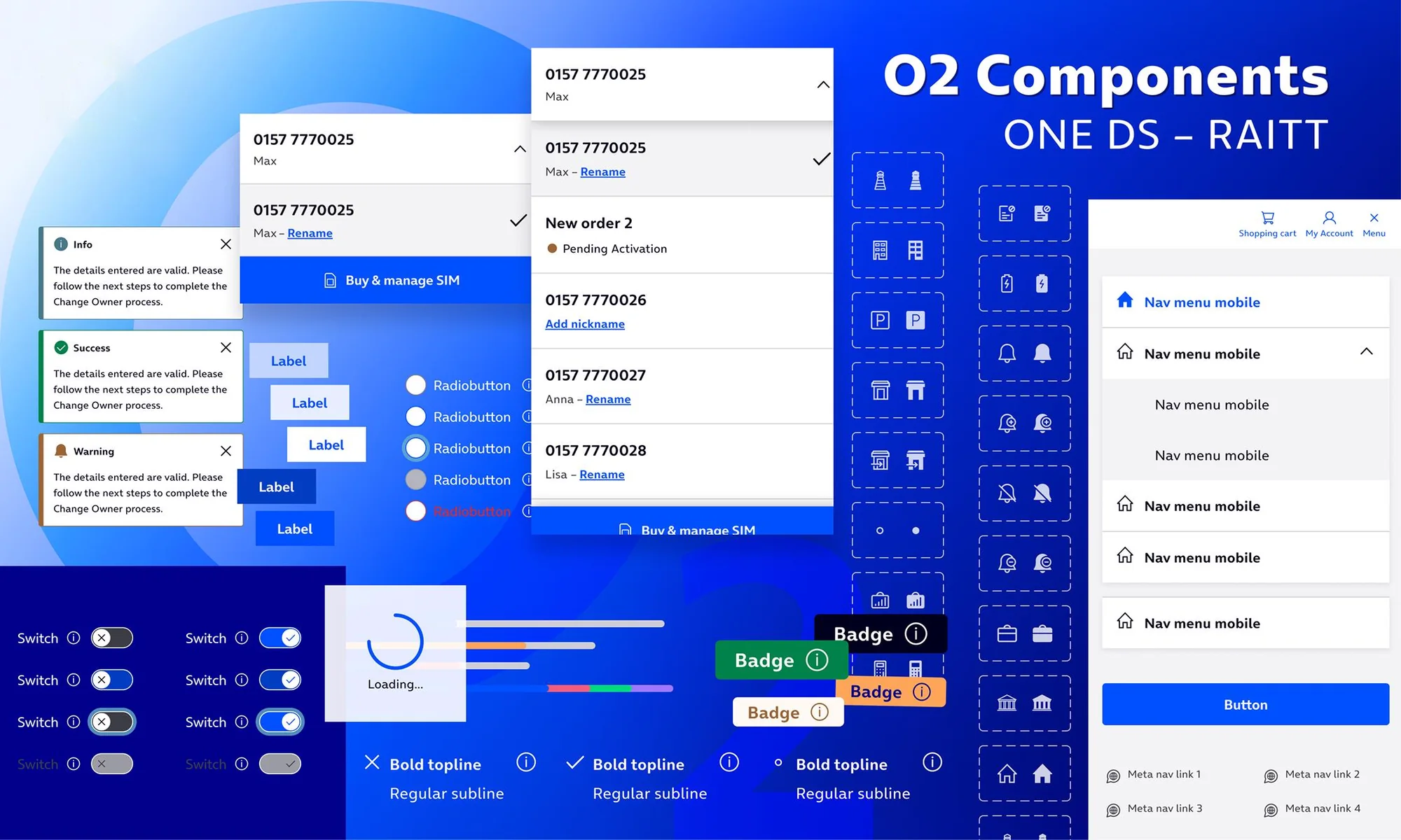 The O2 component library, with alerts, a SIM switcher, labels, radio buttons, switches, badges, a loader, icons and mobile navigation.
