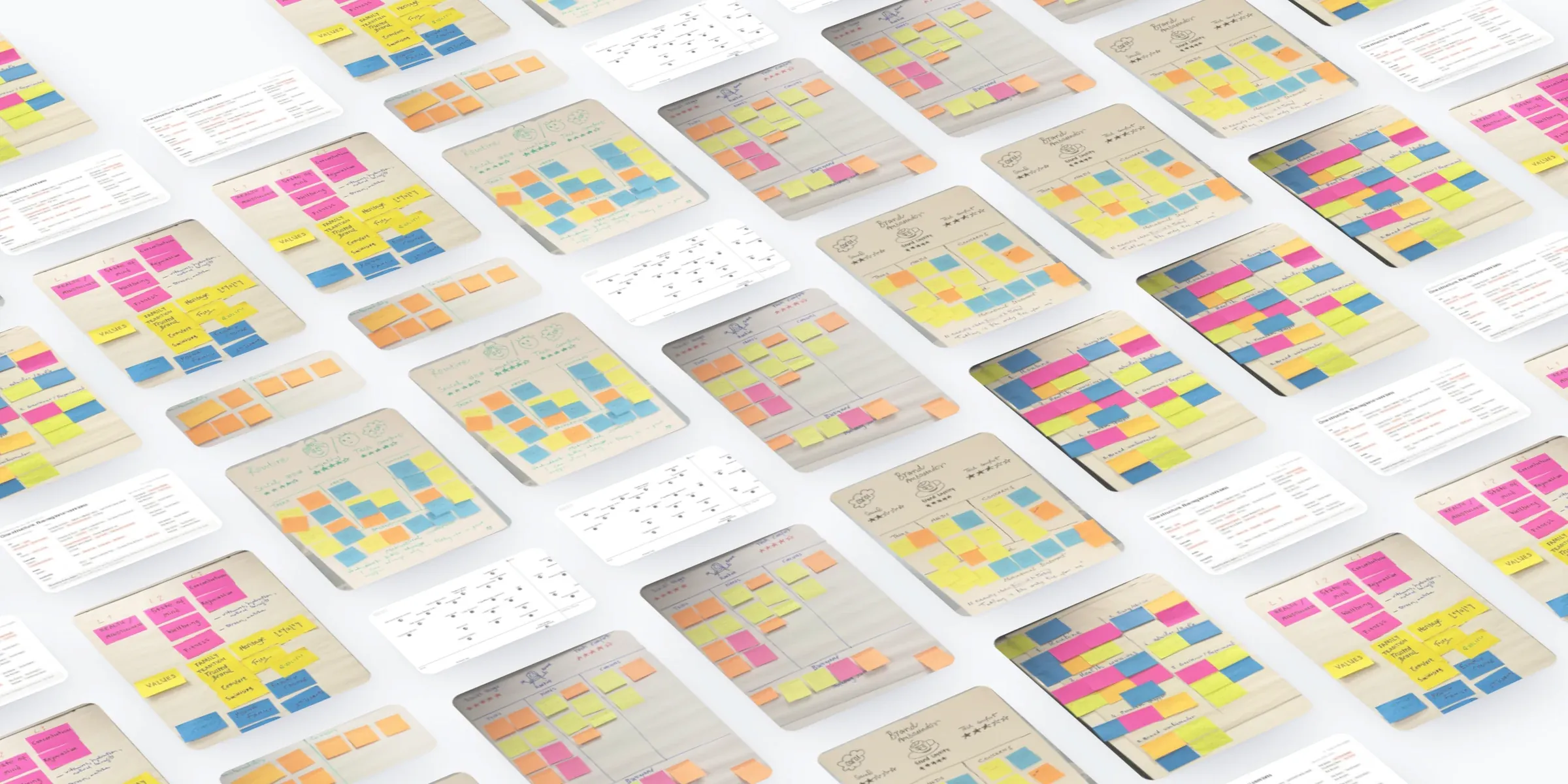 Material from the Tetley discovery laid out in perspective: sticky-note walls of customer groups and content ideas, proto-persona sheets, the feature value matrix and the regional sitemap comparison.