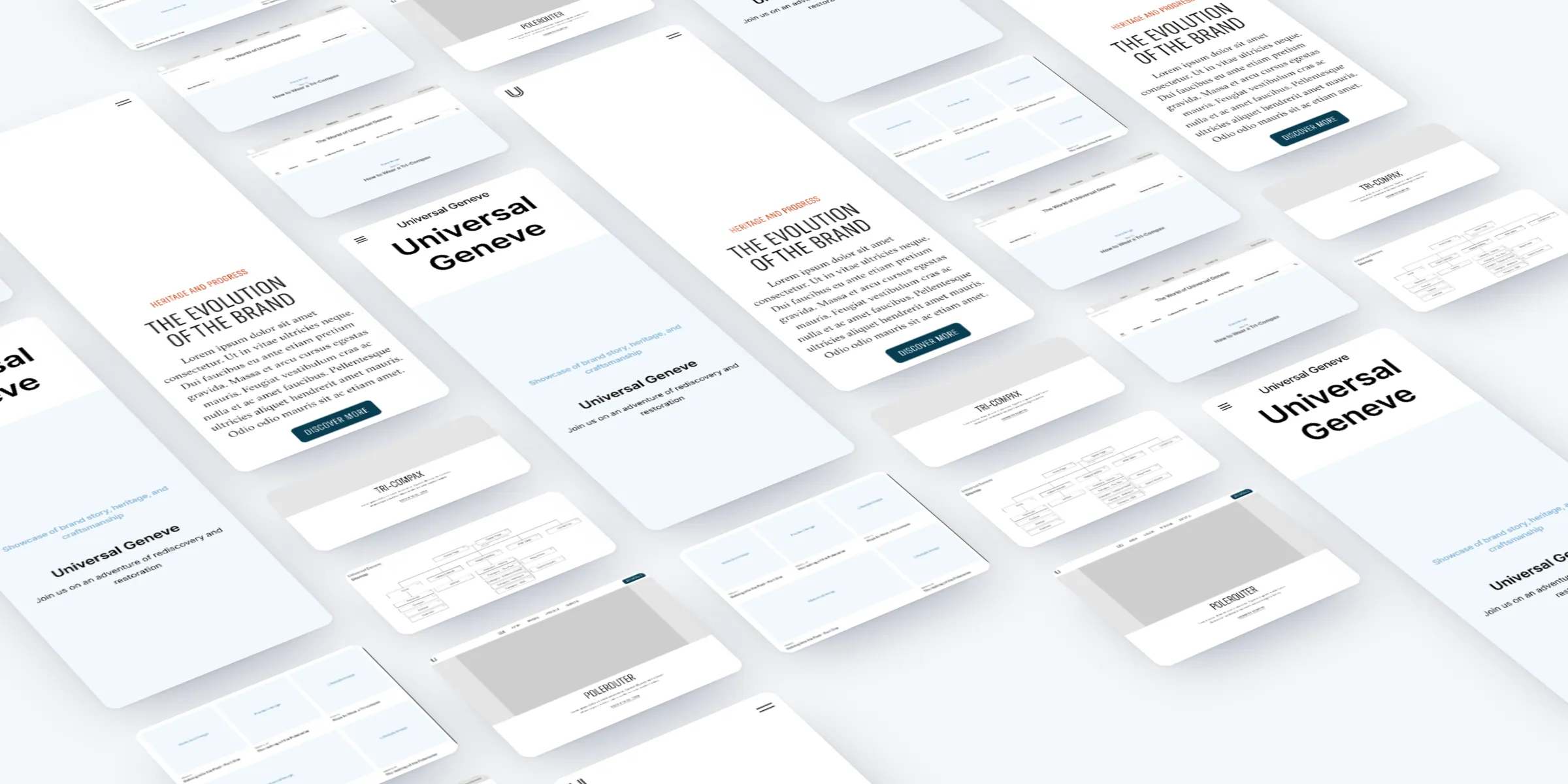 Universal Genève screens laid out in perspective: homepage, magazine and icons wireframes, the sitemap, and the first UI for the icons and the mobile homepage.