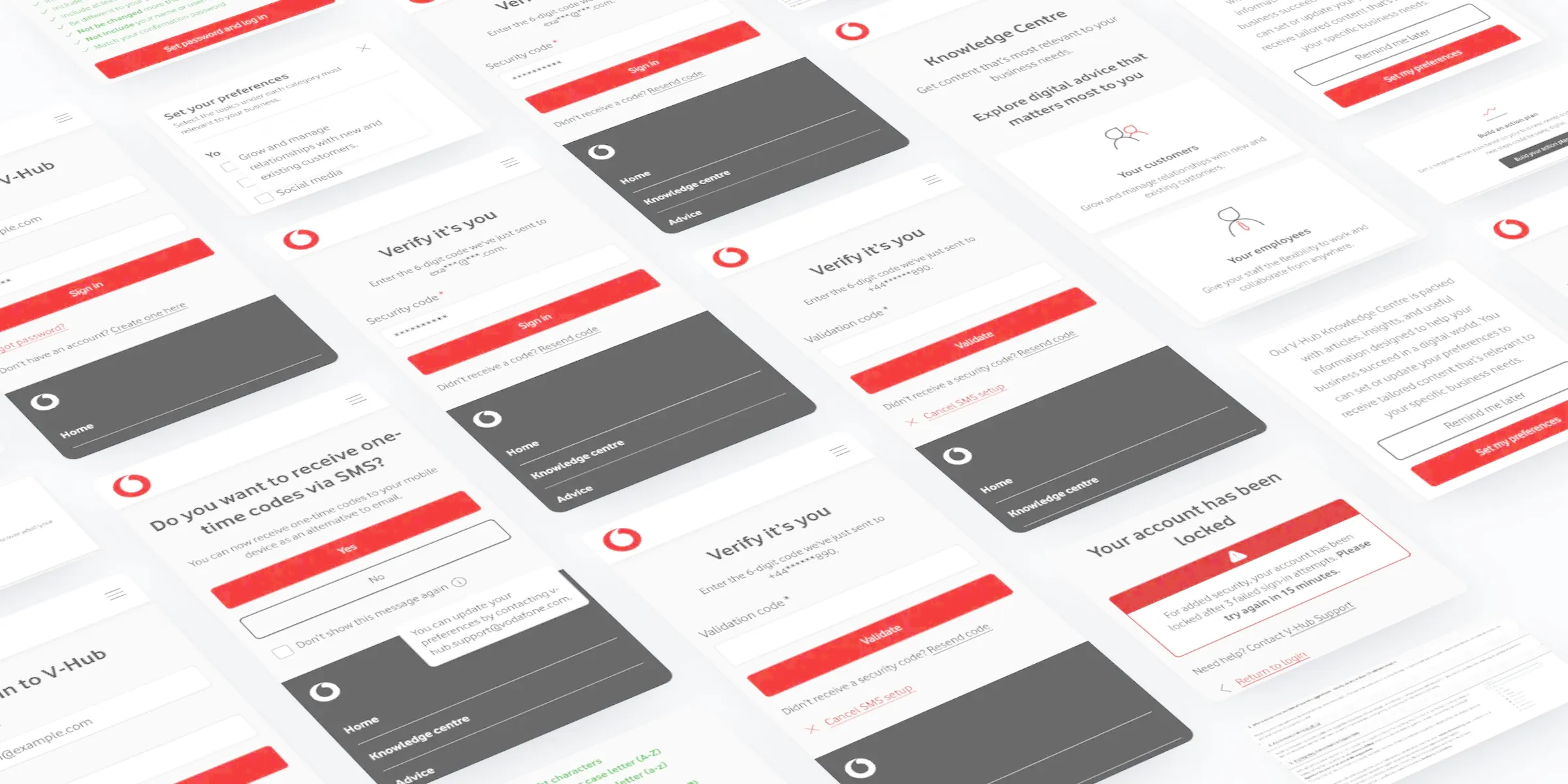 Screens from V-Hub laid out in perspective: signing in, security codes by email and SMS, password rules, a locked account, the home page and the Knowledge Centre.