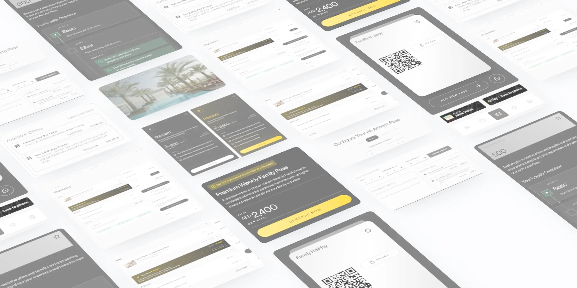 Screens from the Access Pass concept laid out in perspective: configuring a pass, the shopping bag, loyalty, the pass with its QR code, an upgrade offer and the partner app.