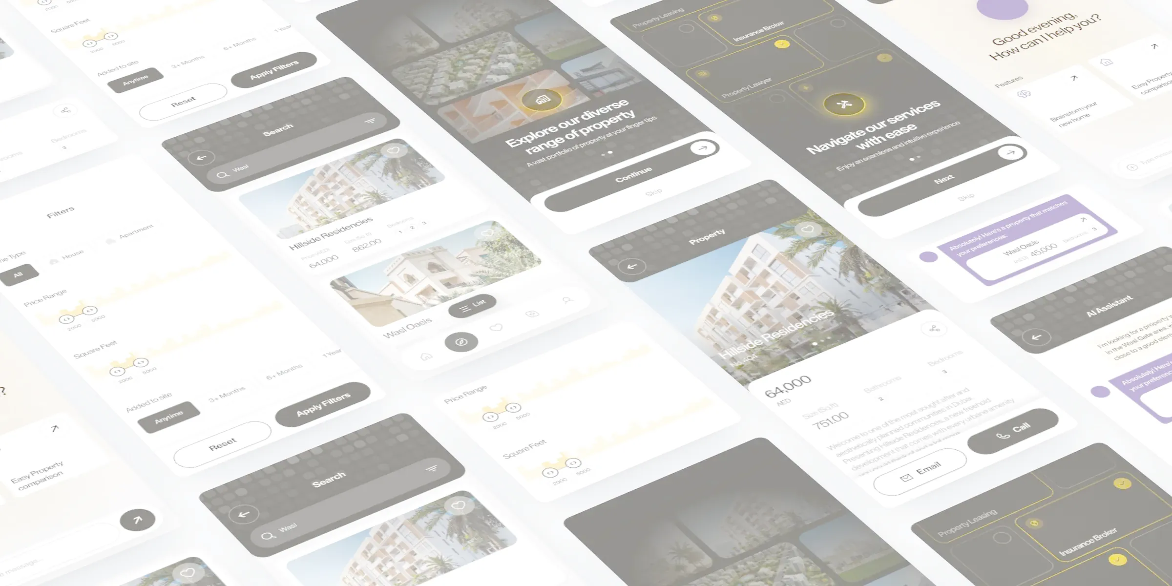 Screens from the Wasl super app concept laid out in perspective: onboarding, map and list search, filters, a property page and the AI assistant.