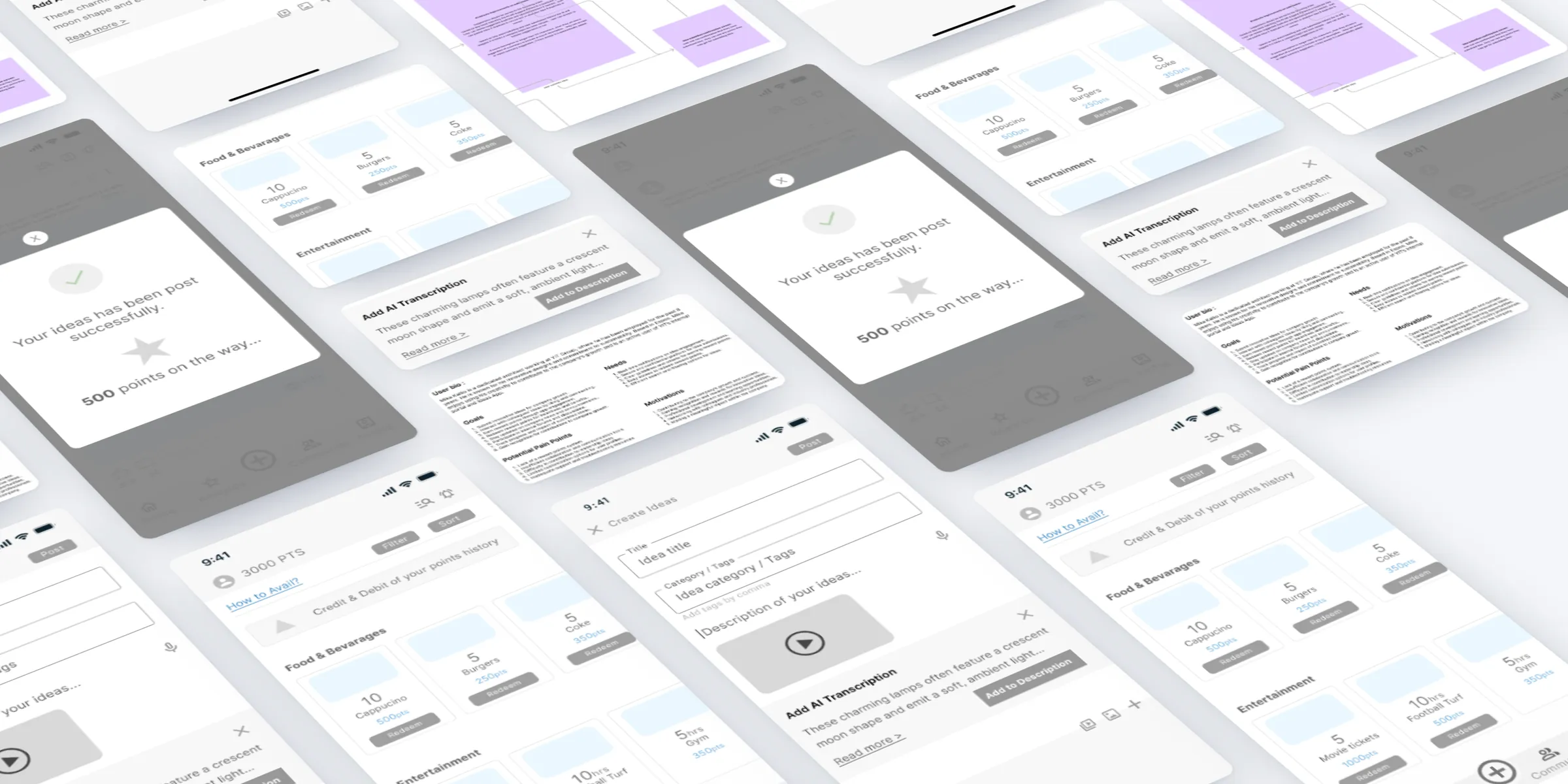 Wireframes from the YIT ideas app laid out in perspective: the home screen with points, creating an idea with AI transcription, the confirmation, the rewards gallery, the persona and part of the user flow.